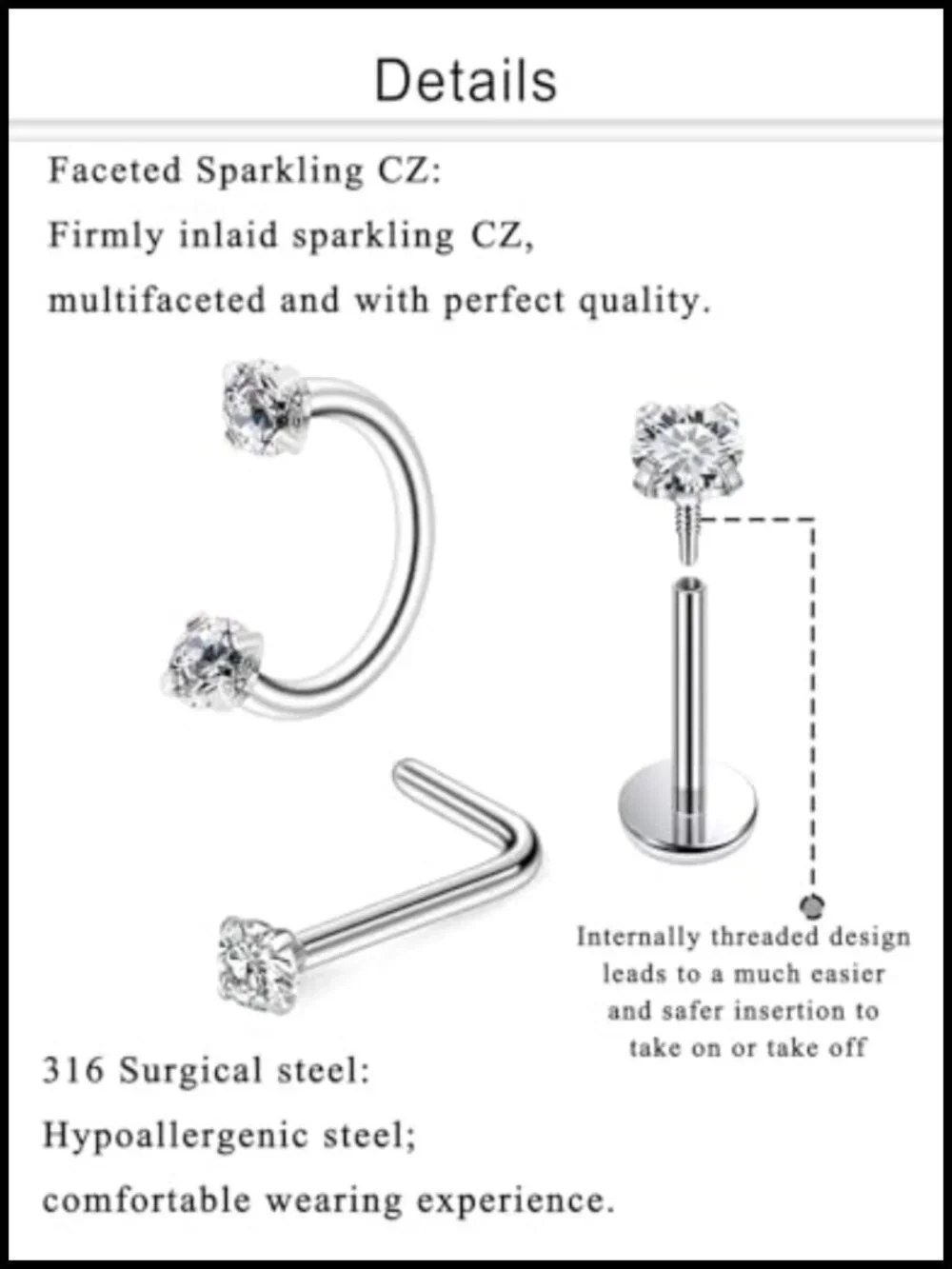 18G Horseshoe Nose Ring 316L Surgical Steel with CZ
